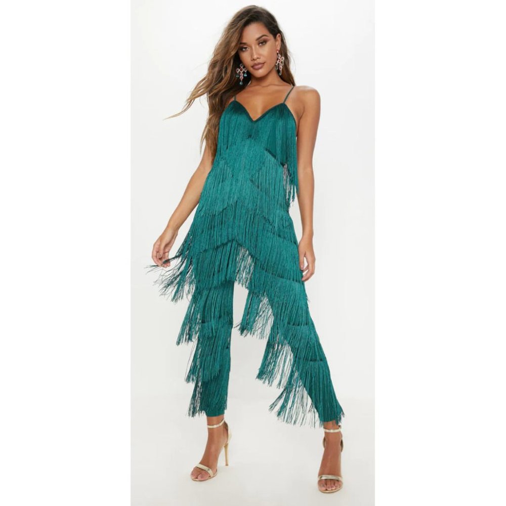 ❌ SOLD / Green Tassel Plunge Jumpsuit - Picture 1 of 9